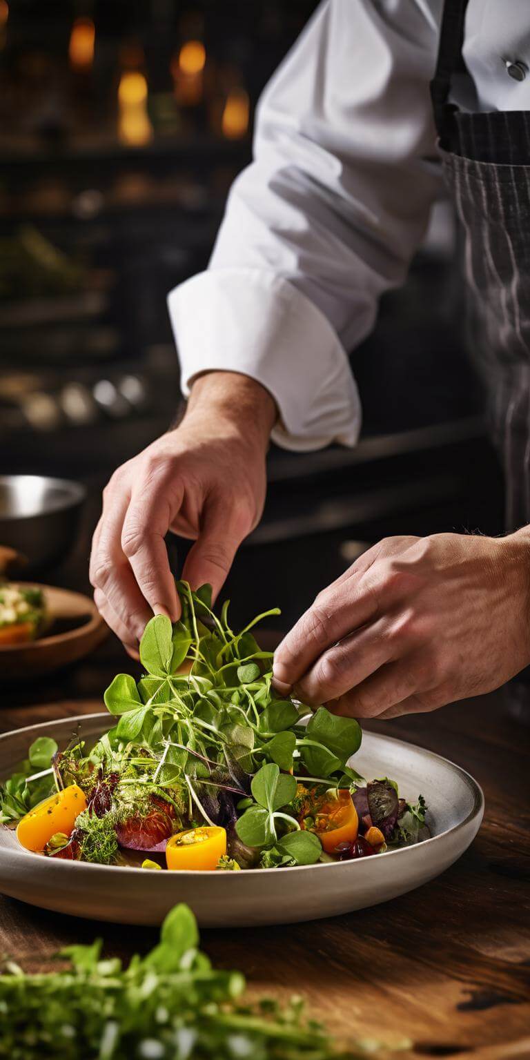 Chef hands adding fresh herbs to a gourmet dish.