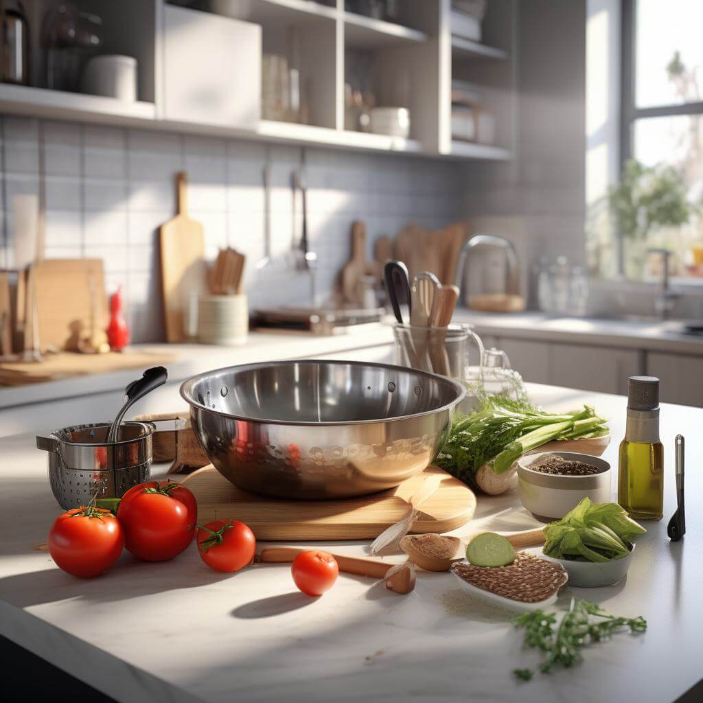 Cooking utensils and ingredients on a kitchen counter